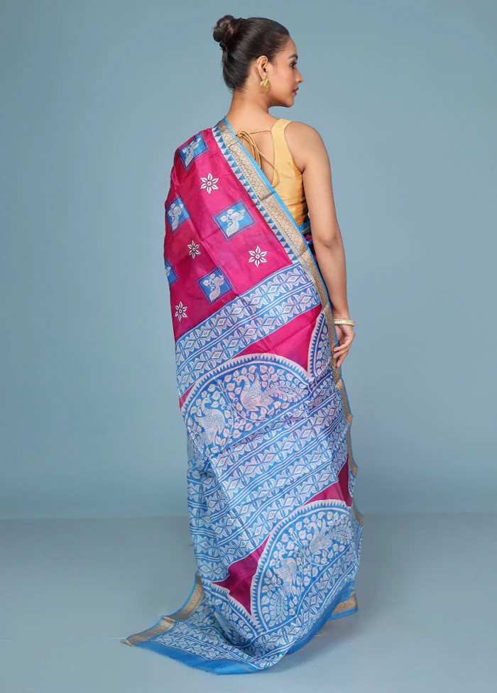 Pink Printed Pure Silk Saree Without Blouse Piece - Image 3