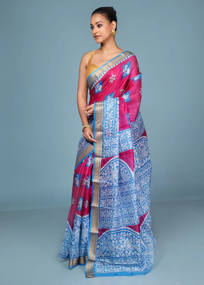 Pink Printed Pure Silk Saree Without Blouse Piece - Image 4