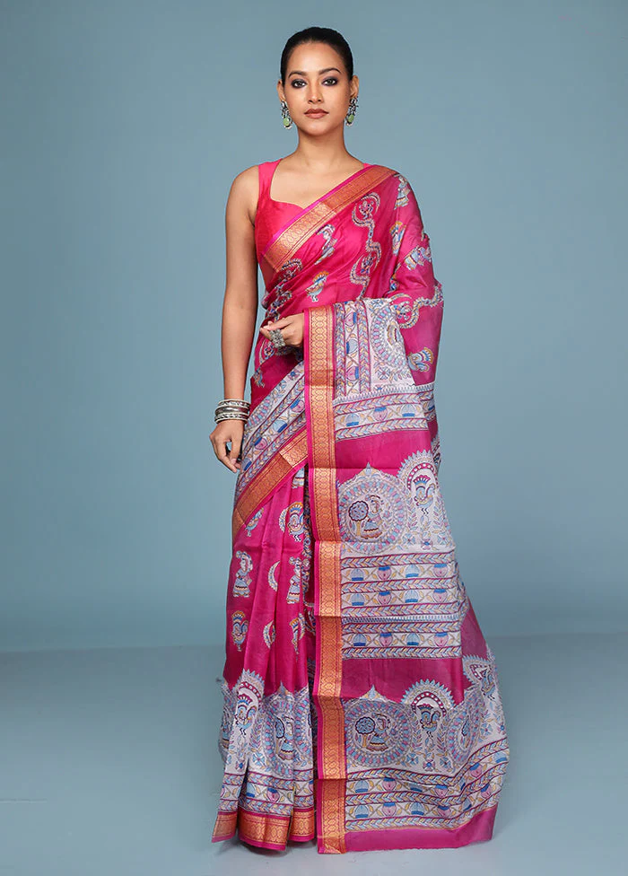Pink Printed Pure Silk Saree Without Blouse Piece - Image 2