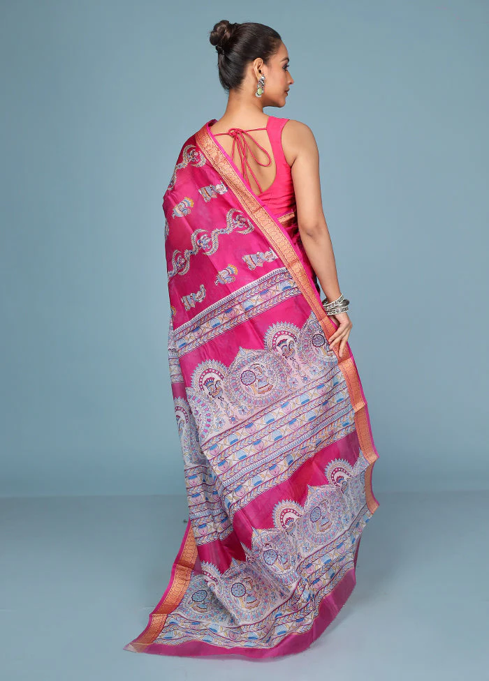 Pink Printed Pure Silk Saree Without Blouse Piece - Image 3