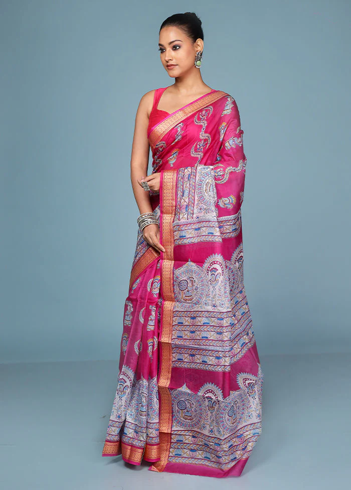 Pink Printed Pure Silk Saree Without Blouse Piece - Image 4