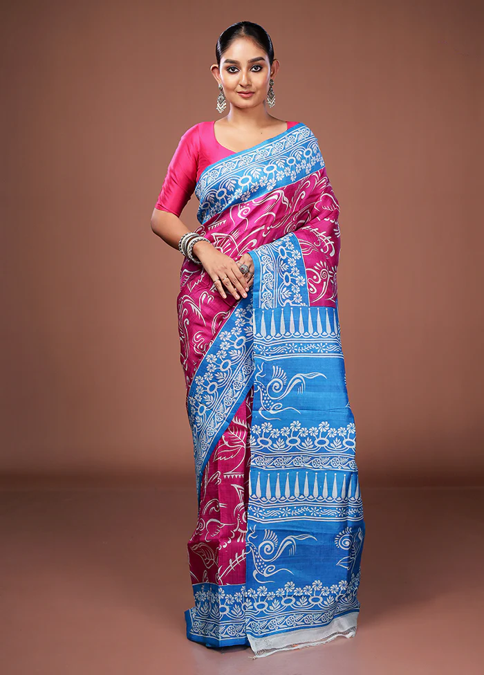 Pink Printed Pure Silk Saree Without Blouse Piece - Image 2