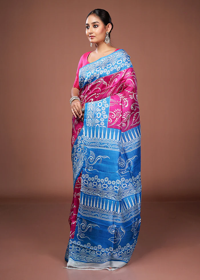 Pink Printed Pure Silk Saree Without Blouse Piece - Image 4