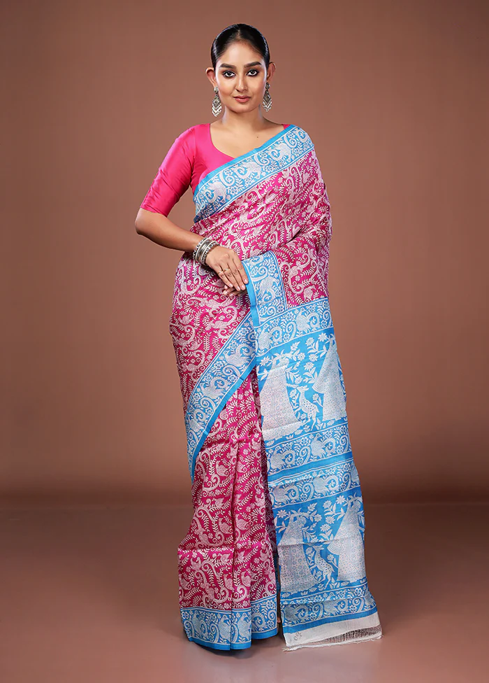 Pink Printed Pure Silk Saree Without Blouse Piece - Image 2