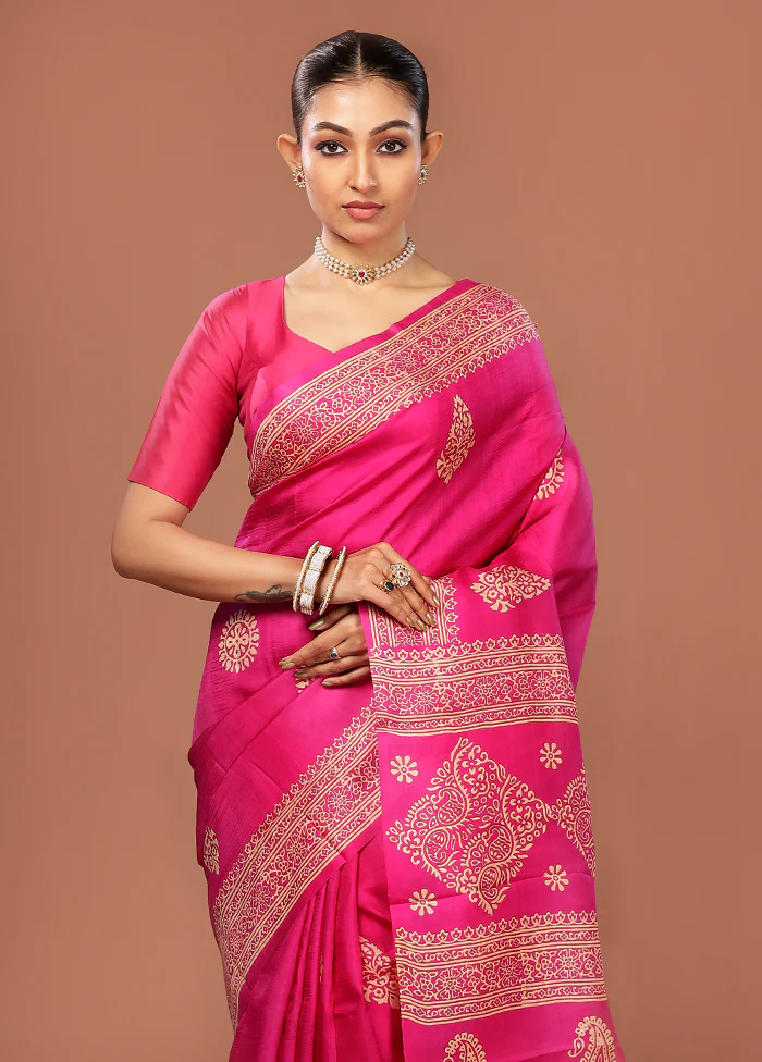 Pink Printed Silk Saree Without Blouse Piece