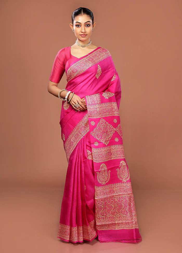 Pink Printed Silk Saree Without Blouse Piece - Image 2
