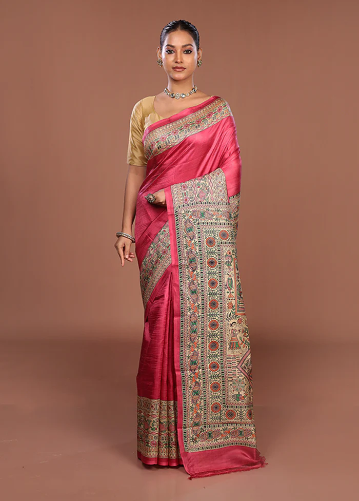 Pink Printed Silk Saree Without Blouse Piece - Image 2