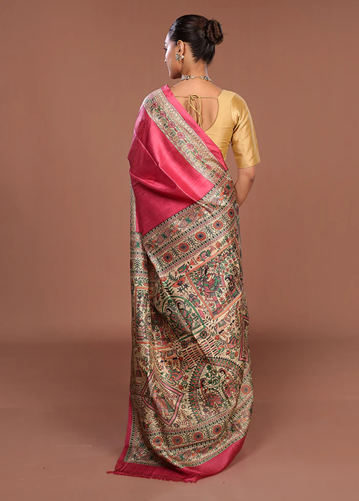 Pink Printed Silk Saree Without Blouse Piece - Image 3