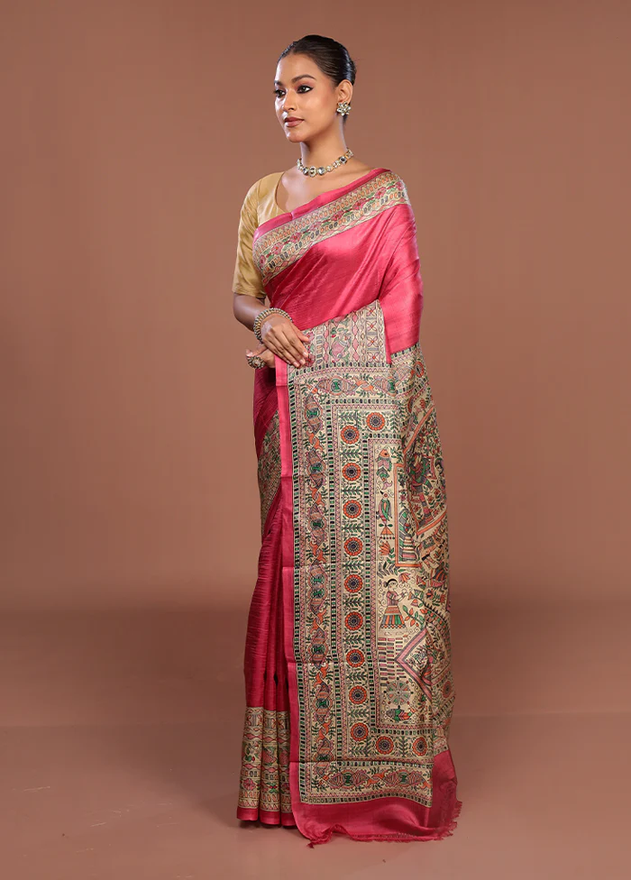 Pink Printed Silk Saree Without Blouse Piece - Image 4