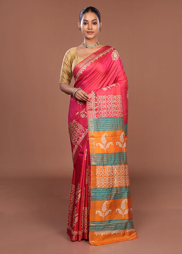 Pink Printed Pure Silk Saree Without Blouse Piece - Image 2