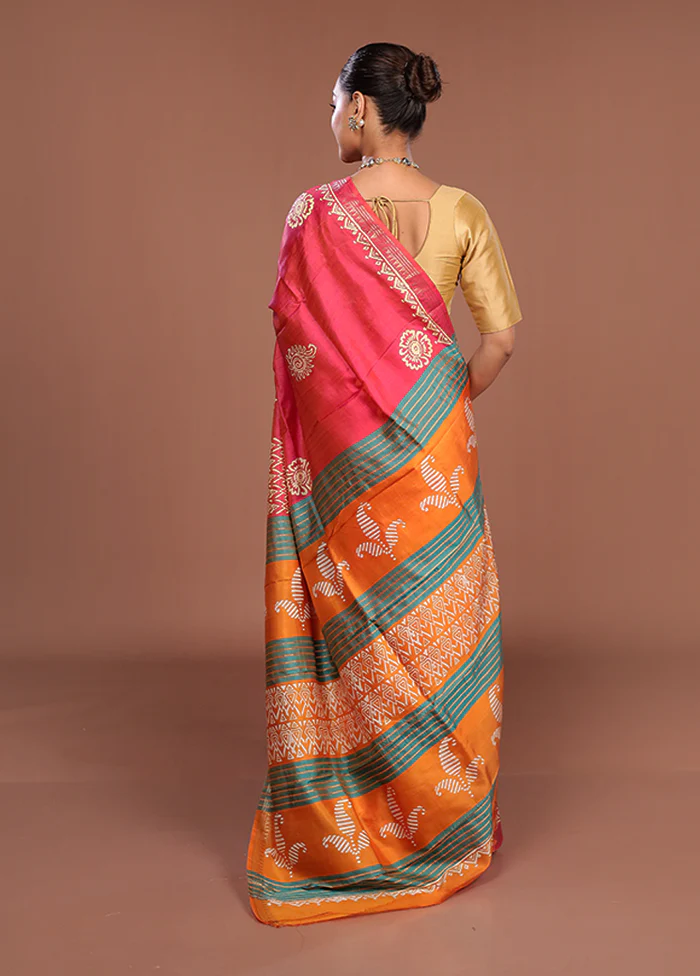 Pink Printed Pure Silk Saree Without Blouse Piece - Image 3