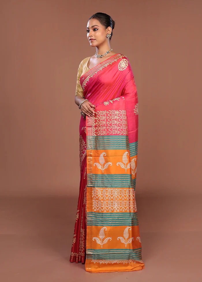 Pink Printed Pure Silk Saree Without Blouse Piece - Image 4