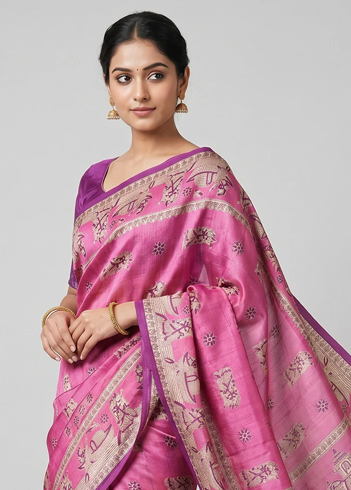 Pink Printed Silk Saree Without Blouse Piece - Image 2