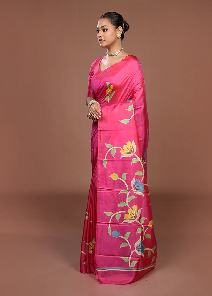Pink Printed Silk Saree Without Blouse Piece - Image 4