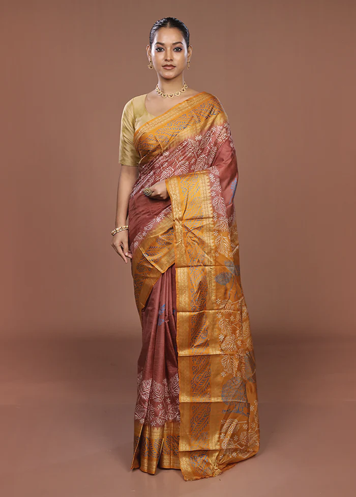 Brown Printed Pure Silk Saree Without Blouse Piece - Image 2