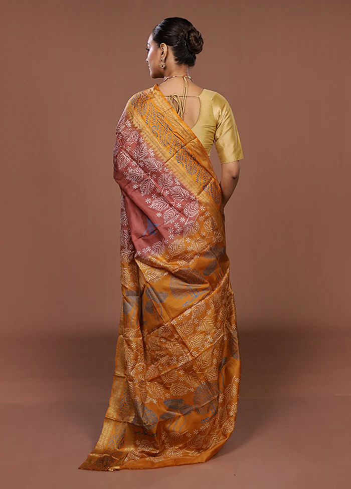 Brown Printed Pure Silk Saree Without Blouse Piece - Image 3