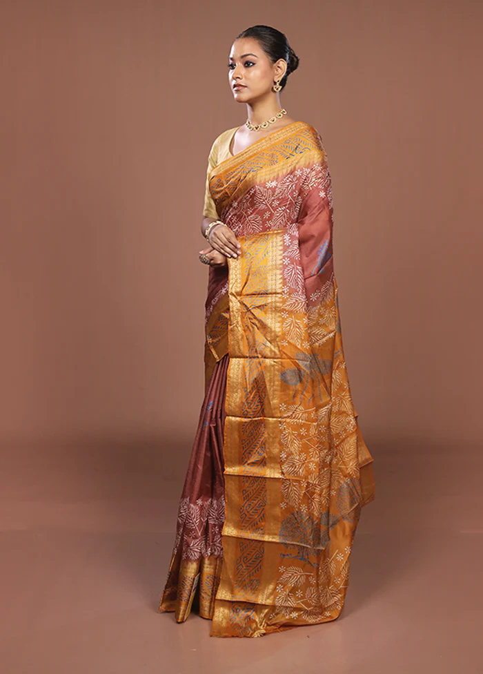 Brown Printed Pure Silk Saree Without Blouse Piece - Image 4