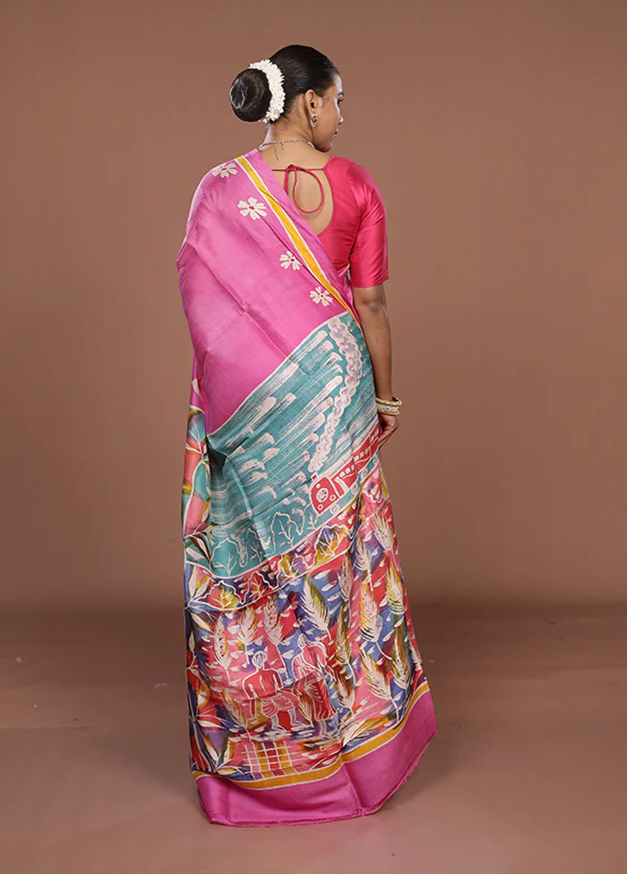 Pink Printed Silk Saree Without Blouse Piece - Image 3