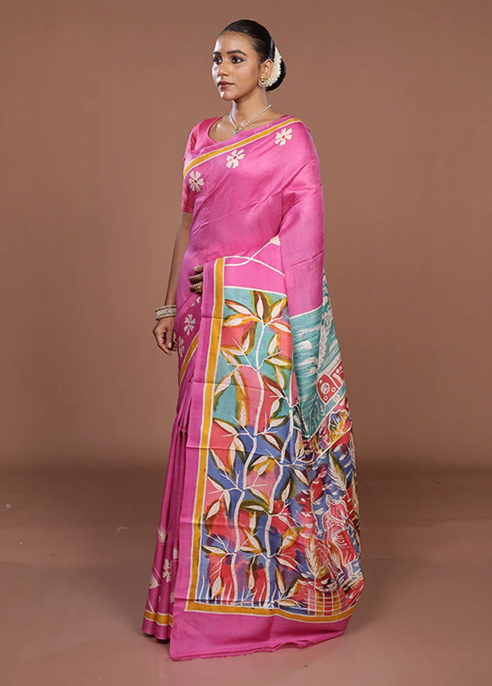 Pink Printed Silk Saree Without Blouse Piece - Image 4