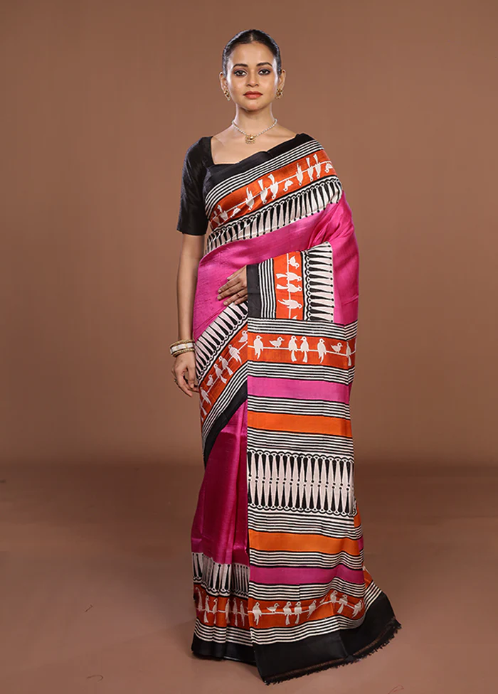 Pink Printed Silk Saree Without Blouse Piece - Image 2