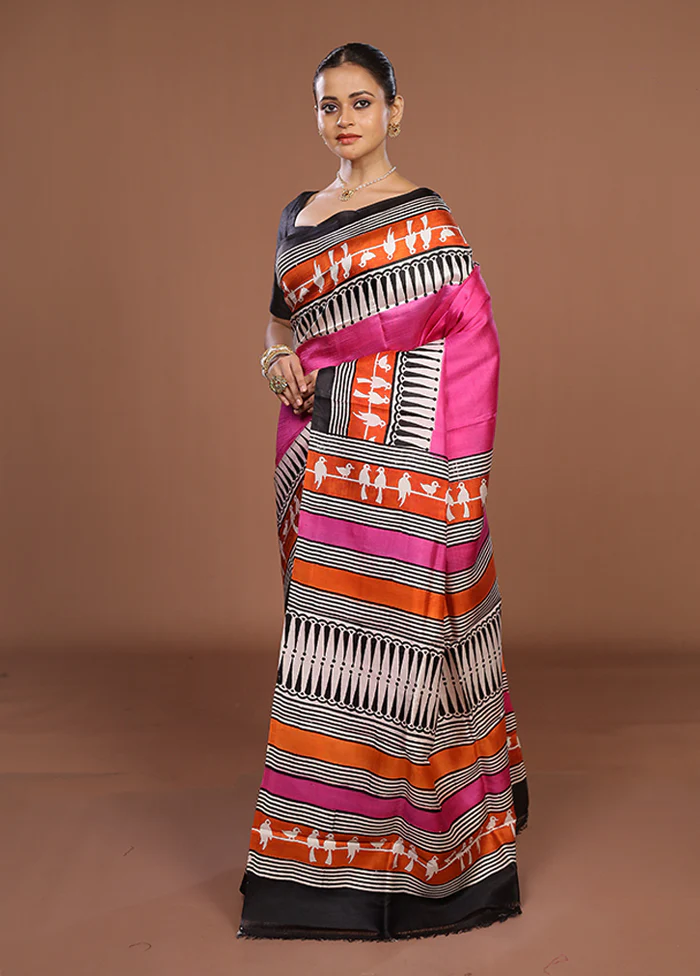 Pink Printed Silk Saree Without Blouse Piece - Image 4