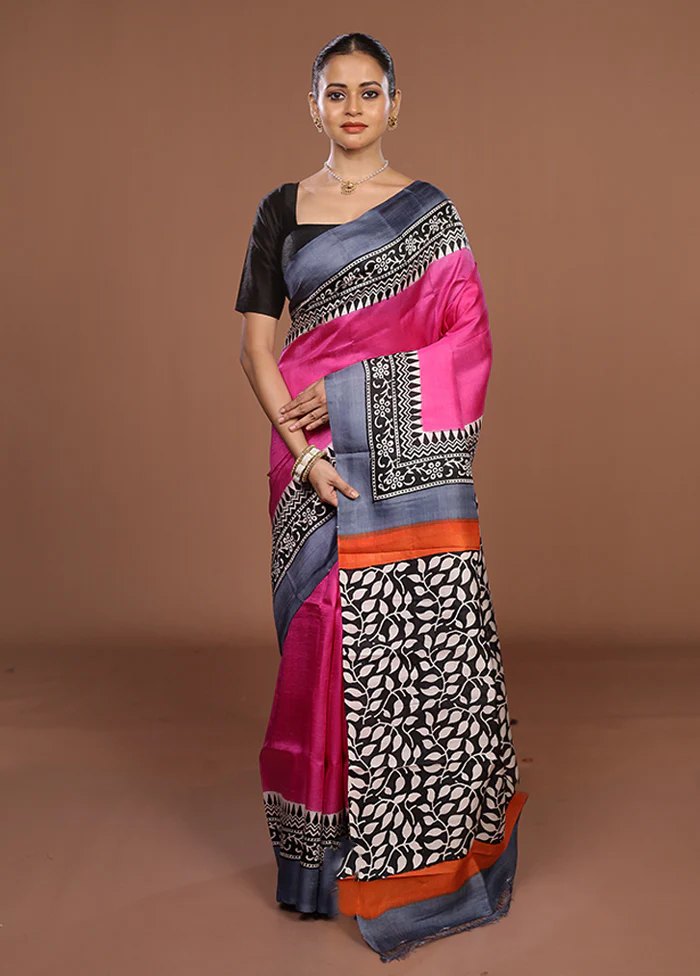 Pink Printed Silk Saree Without Blouse Piece - Image 2