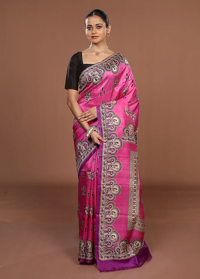 Pink Printed Silk Saree Without Blouse Piece - Image 2