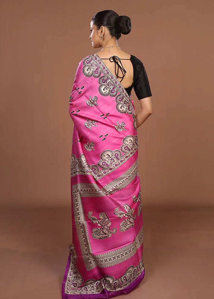 Pink Printed Silk Saree Without Blouse Piece - Image 3