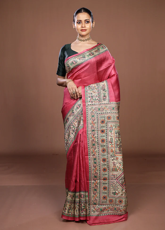 Pink Printed Pure Silk Saree Without Blouse Piece - Image 2