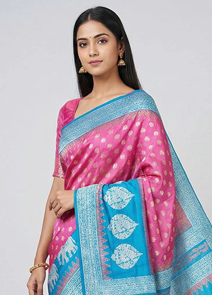Pink Printed Silk Saree Without Blouse Piece - Image 2