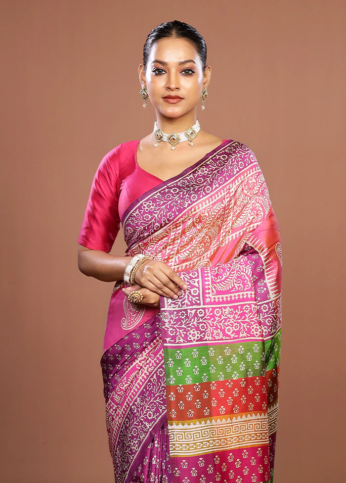 Pink Printed Pure Silk Saree Without Blouse Piece