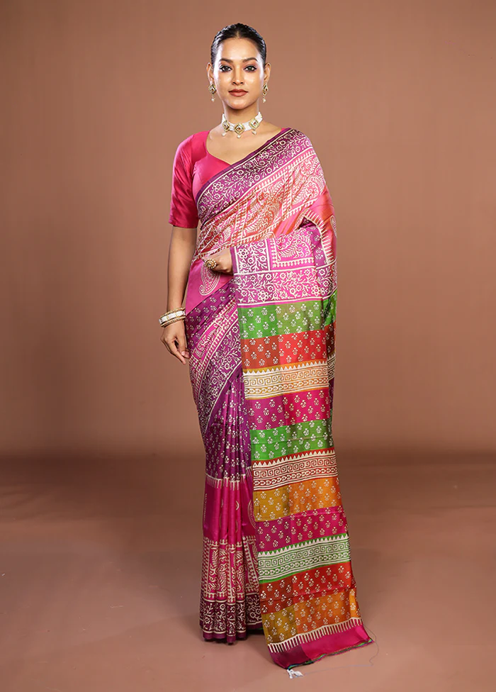 Pink Printed Pure Silk Saree Without Blouse Piece - Image 2