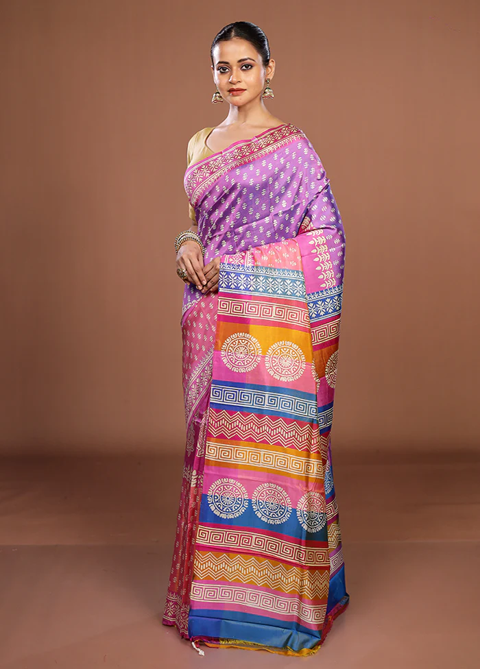 Pink Printed Silk Saree Without Blouse Piece - Image 4