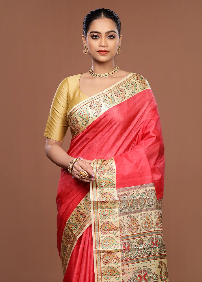 Pink Printed Silk Saree Without Blouse Piece