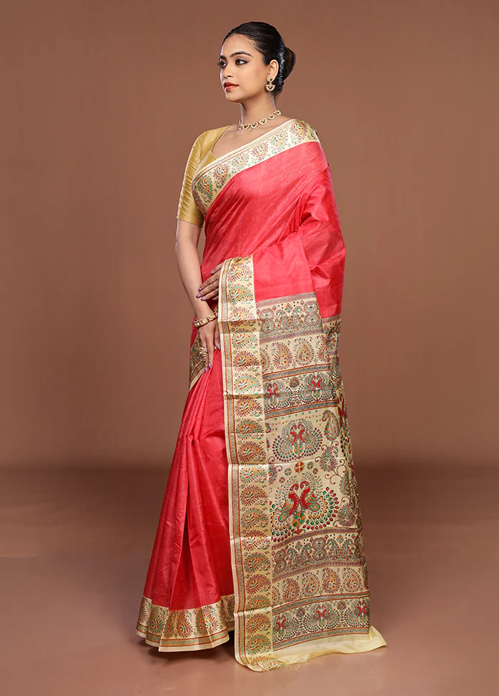Pink Printed Silk Saree Without Blouse Piece - Image 4
