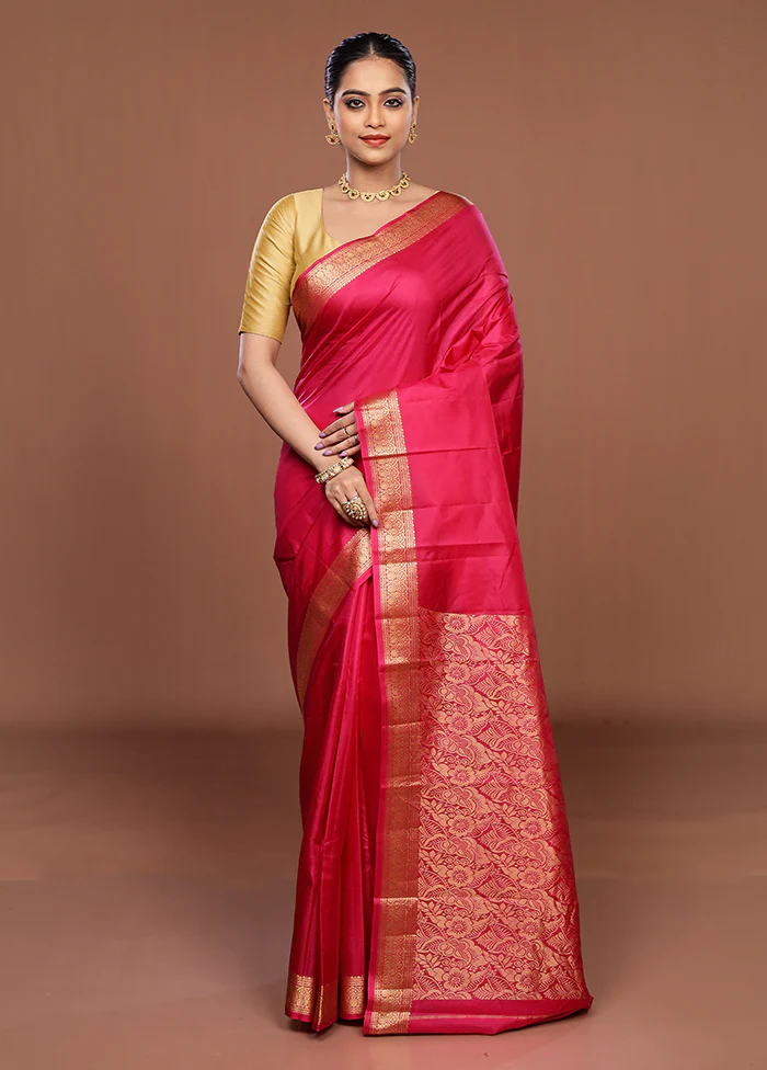 Pink Printed Pure Silk Saree Without Blouse Piece - Image 2