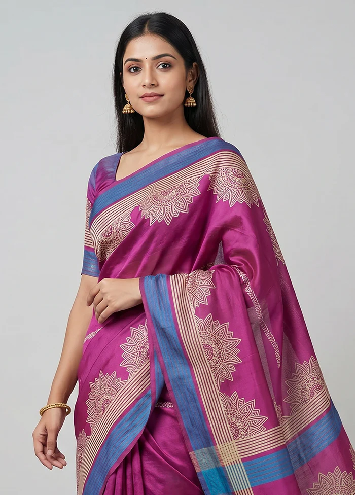 Pink Printed Pure Silk Saree Without Blouse Piece - Image 2