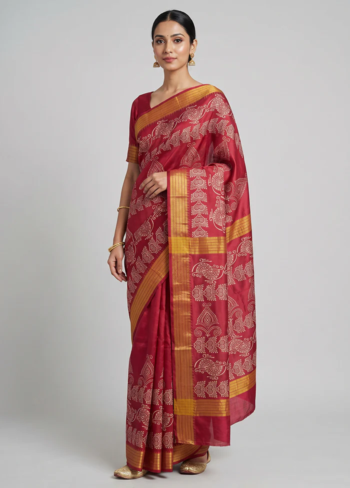 Pink Printed Silk Saree Without Blouse Piece