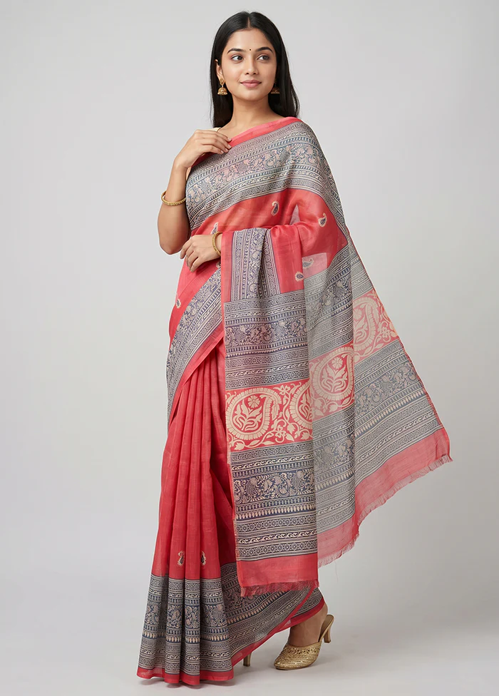 Pink Printed Silk Saree Without Blouse Piece