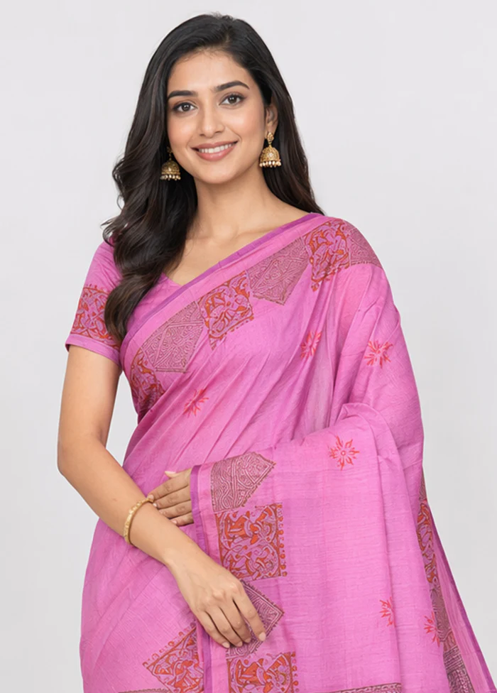 Pink Printed Pure Silk Saree Without Blouse Piece - Image 2