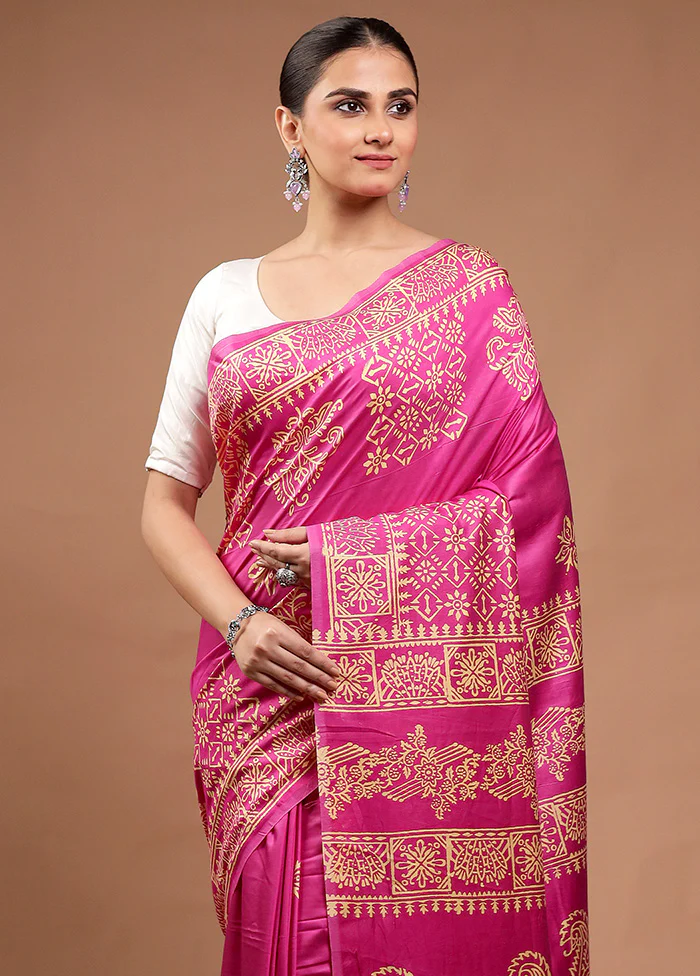 Pink Printed Silk Saree Without Blouse Piece - Image 2