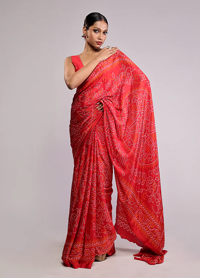 Red Printed Silk Saree With Blouse Piece - Image 2