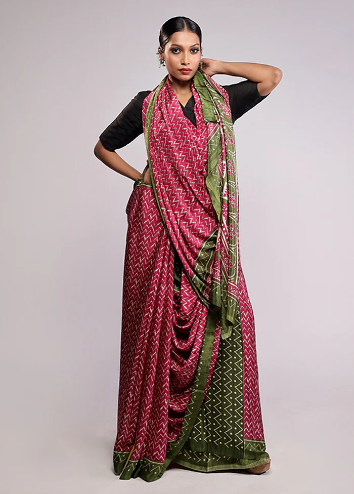 Pink Printed Silk Saree With Blouse Piece - Image 2