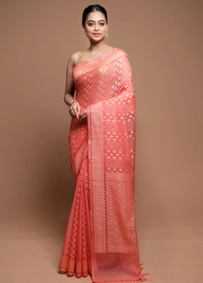 Peach Pure Cotton Saree With Blouse Piece