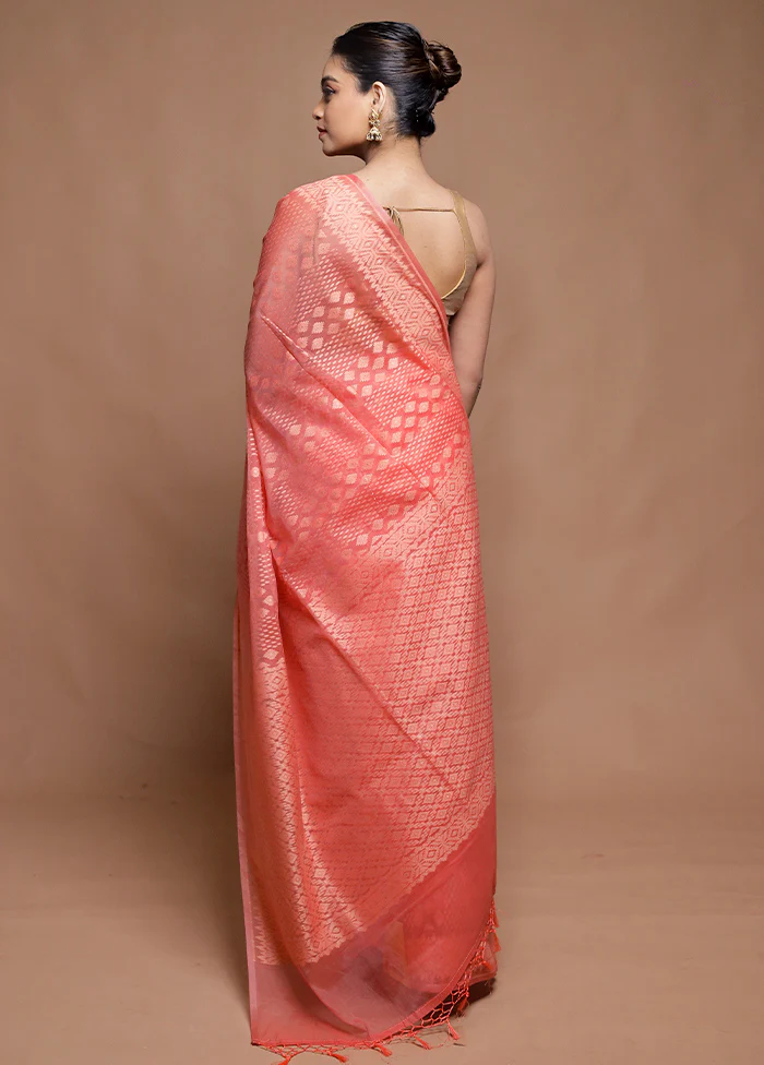 Peach Pure Cotton Saree With Blouse Piece - Image 3
