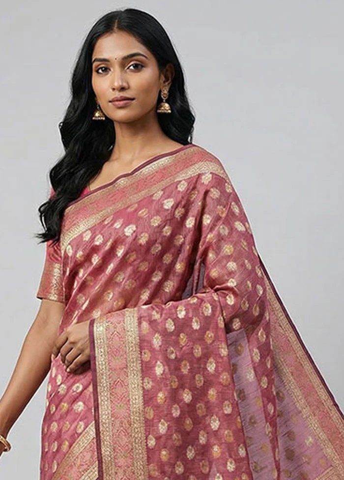 Pink Pure Cotton Saree With Blouse Piece - Image 2