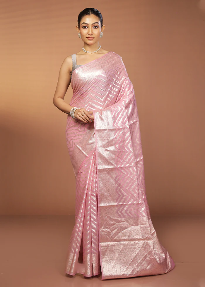 Pink Pure Cotton Saree With Blouse Piece - Image 2