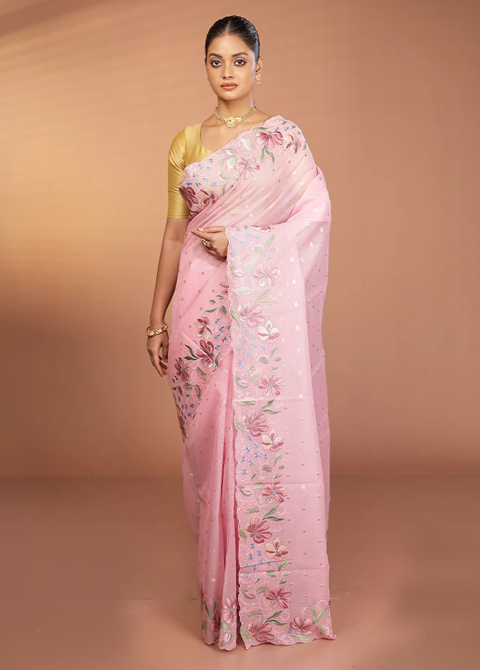 Pink Pure Cotton Saree With Blouse Piece - Image 2