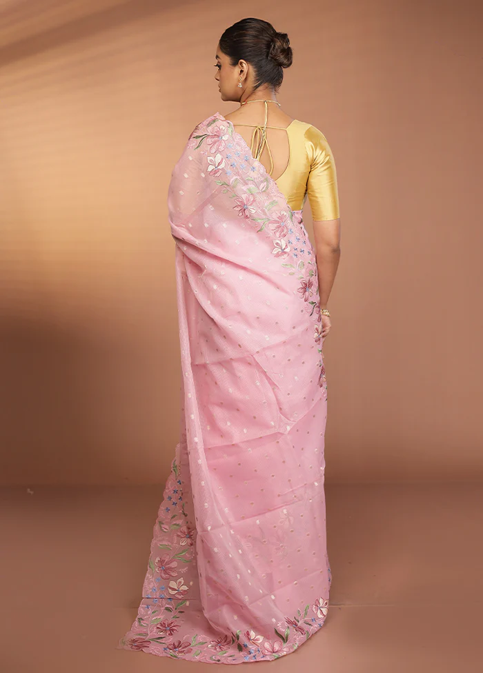 Pink Pure Cotton Saree With Blouse Piece - Image 3