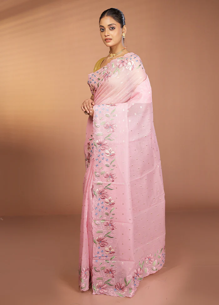 Pink Pure Cotton Saree With Blouse Piece - Image 4